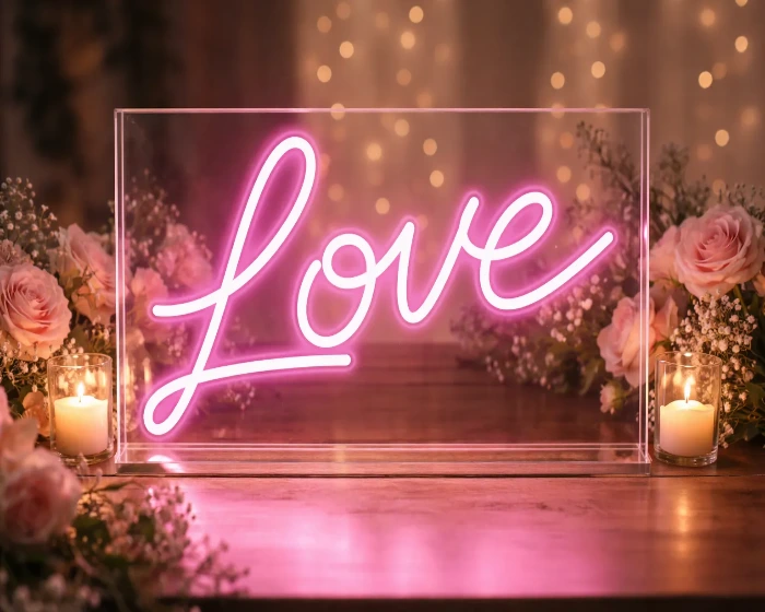 Neonski napis LOVE na prosojni akrilni podlagi